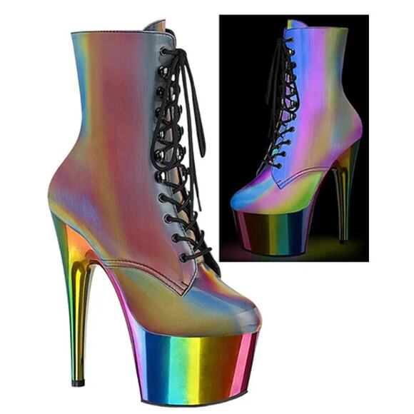 PLEASER Adore Chromatic Reflective Rainbow Platform Stiletto Heels Lace-Up Boots - Picture 15 of 15